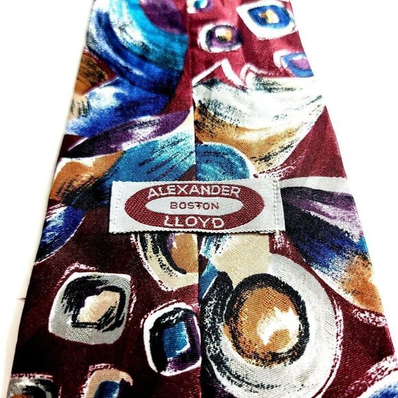 Alexander Lloyd Boston Red Teal Abstract Print Polyester Long Wide Tie USA - Picture 3 of 6